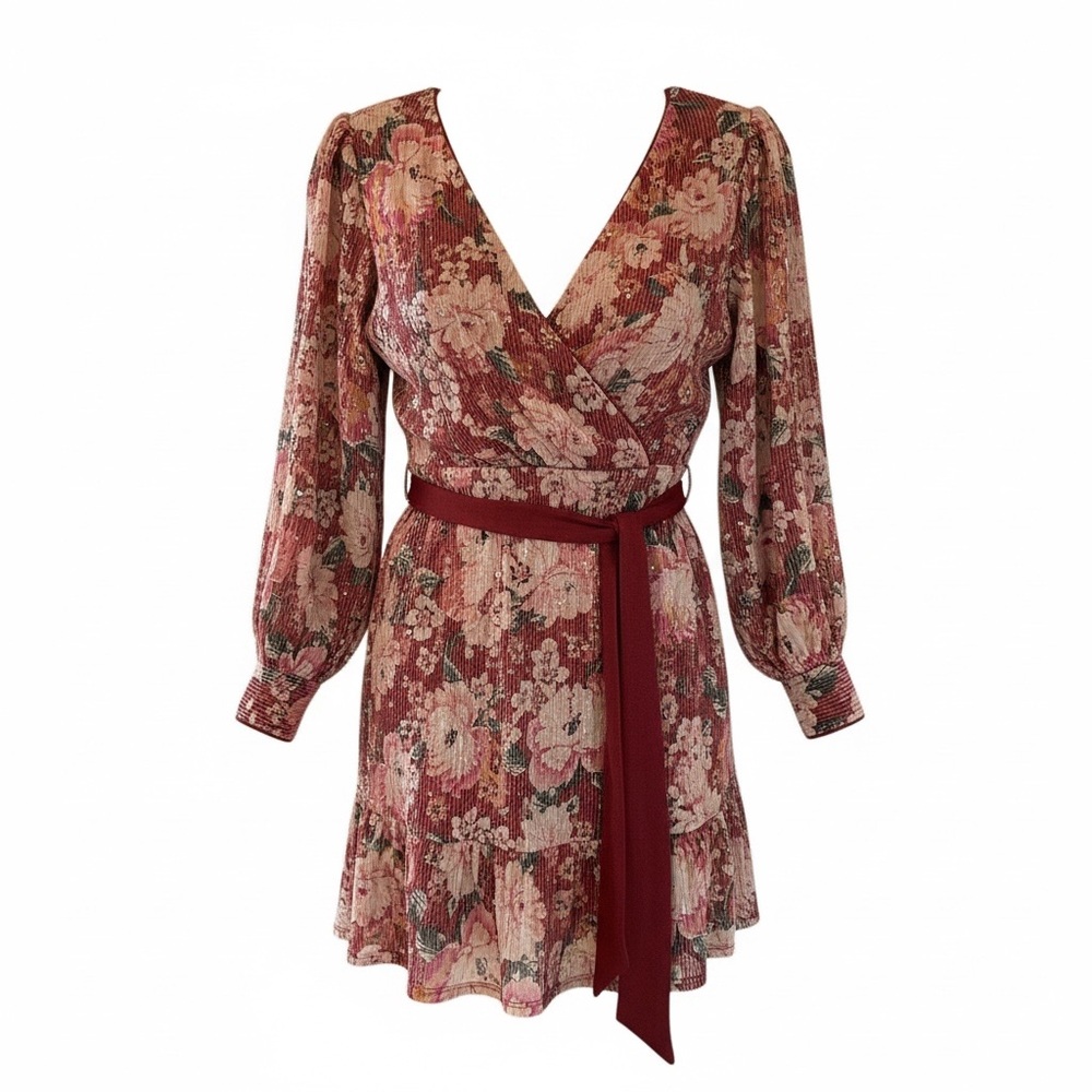 LC Lauren Conrad medium Burgundy Floral sequin mini dress